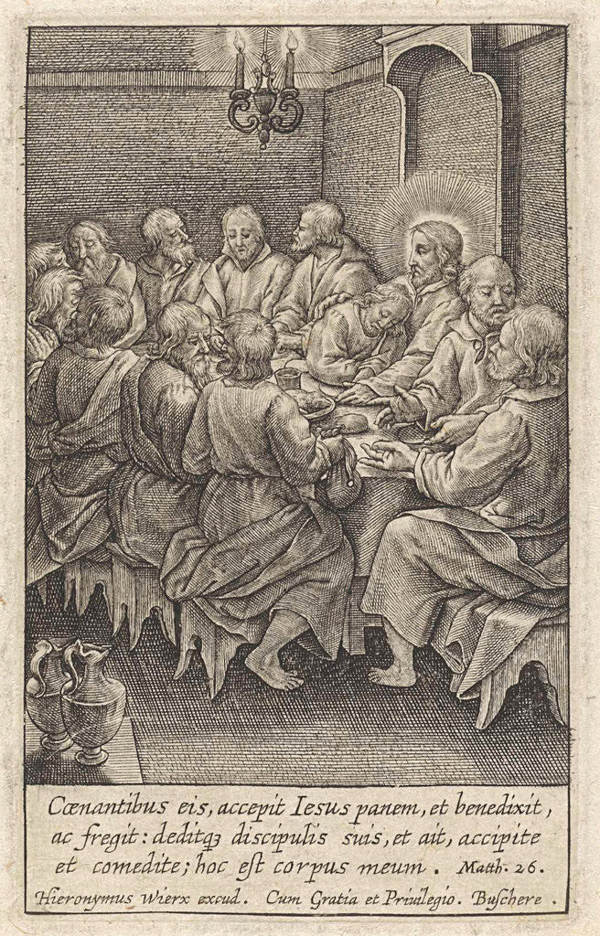 Detail of Last Supper, Christ and his disciples around a table by Hieronymus Wierix