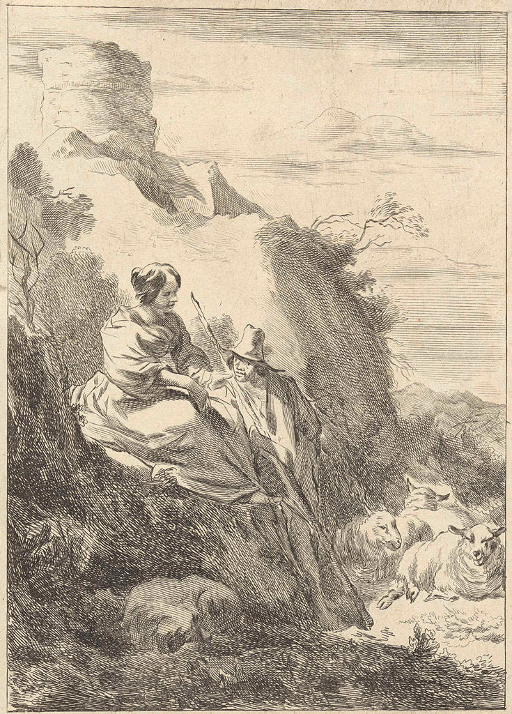 Detail of On a hill a shepherdess and a shepherd can be seen by Nicolaes Pietersz. Berchem