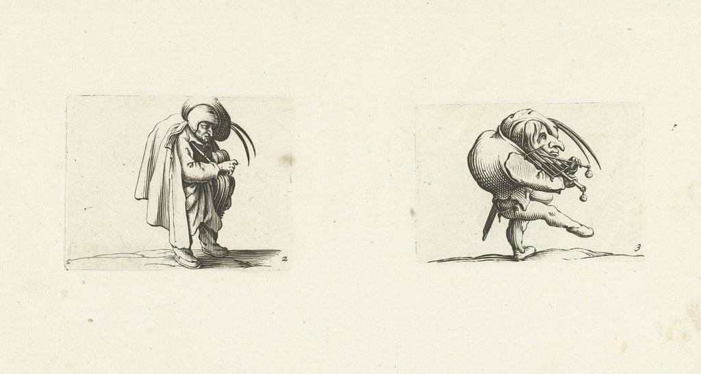 Detail of Grotesque figure with hurdy-gurdy; Dwarf with grill and sword by Abraham Bosse