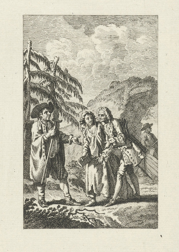 Detail of Meeting between a man and a couple in the outdoors, the man holds a stick and gestures with his hand towards the couple by Jacob Folkema