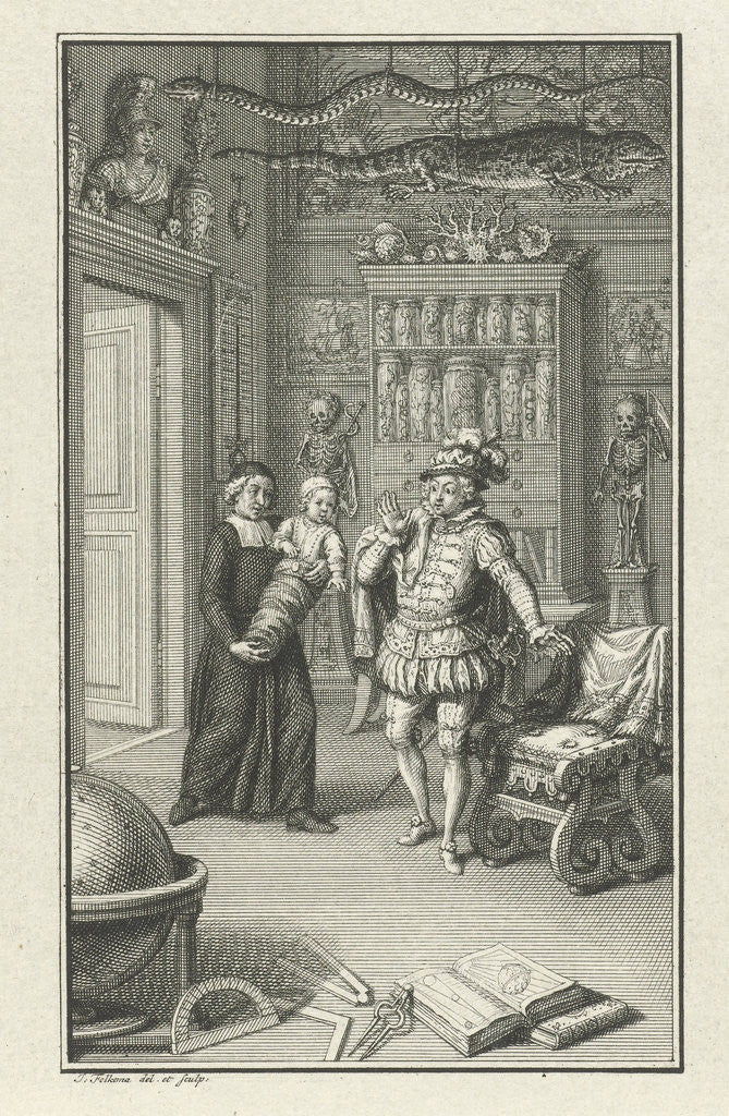 Detail of A nobleman and a cleric with a child in a cabinet of curiosities by Jacob Folkema