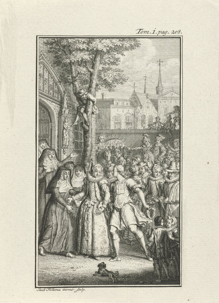 Detail of Richly dressed woman surrounded by a crowd of curious people by Jacob Folkema