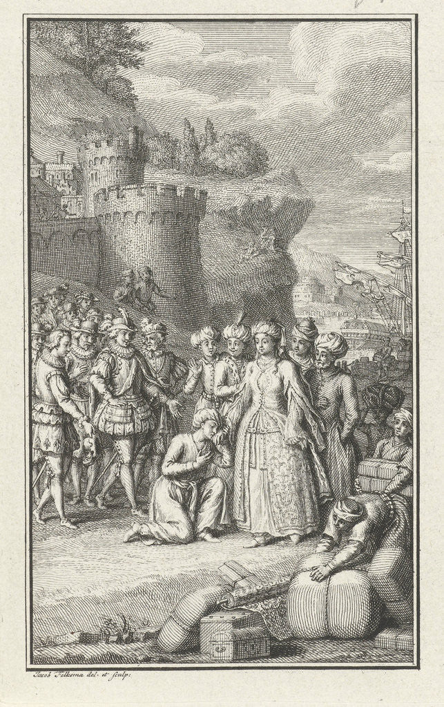 Detail of Oriental woman welcomed with a kiss by Jacob Folkema