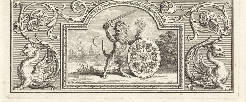 Detail of The Dutch lion holding a sword and quiver of arrows near a shield bearing the arms of the Seven Provinces by Workshop of Bernard Picart