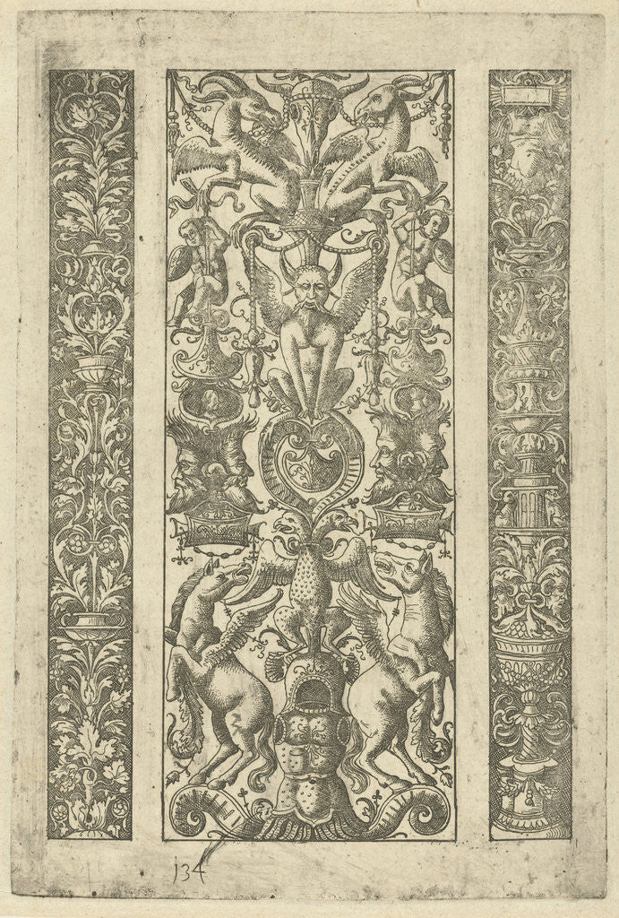 Detail of Candelabrum with vines, a candelabrum with grotesques, a rearing horse by Lambert Hopfer