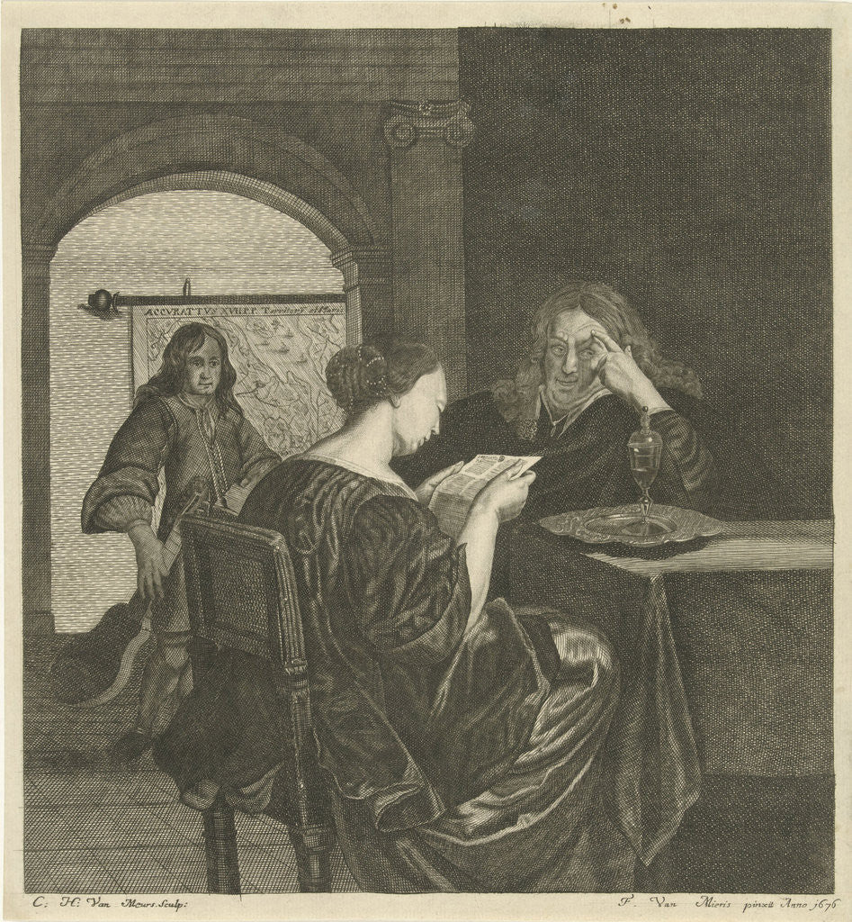 Detail of Woman reading a letter with a man at the table by Cornelis Hubert van Meurs