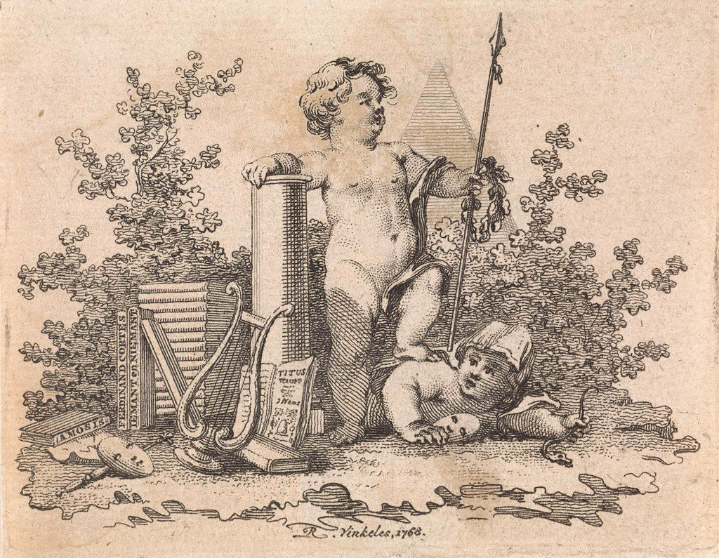 Detail of Two putti with allegorical attributes by Reinier Vinkeles