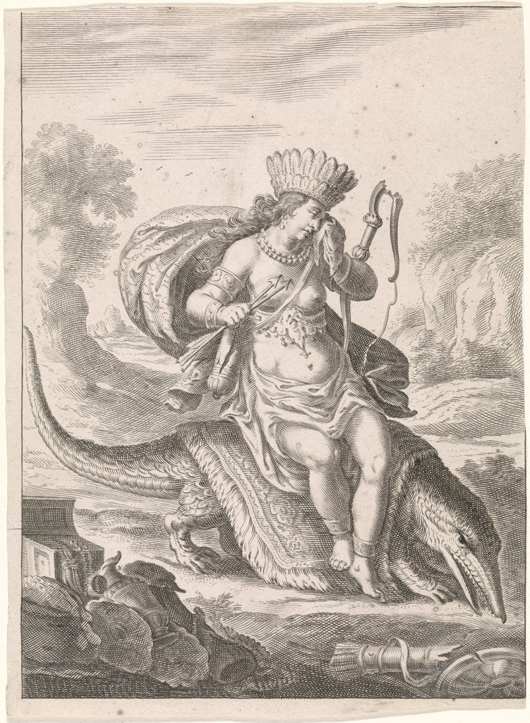Detail of Female personification of America as a woman with headdress of feathers and bows, sitting on a caiman by Cornelis van Dalen II