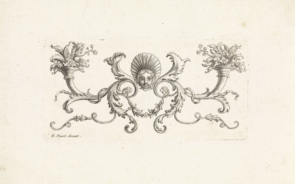 Detail of Ornament with a mascaron surrounded by foliate scrolls two horns with plants and flowers by Bernard Picart