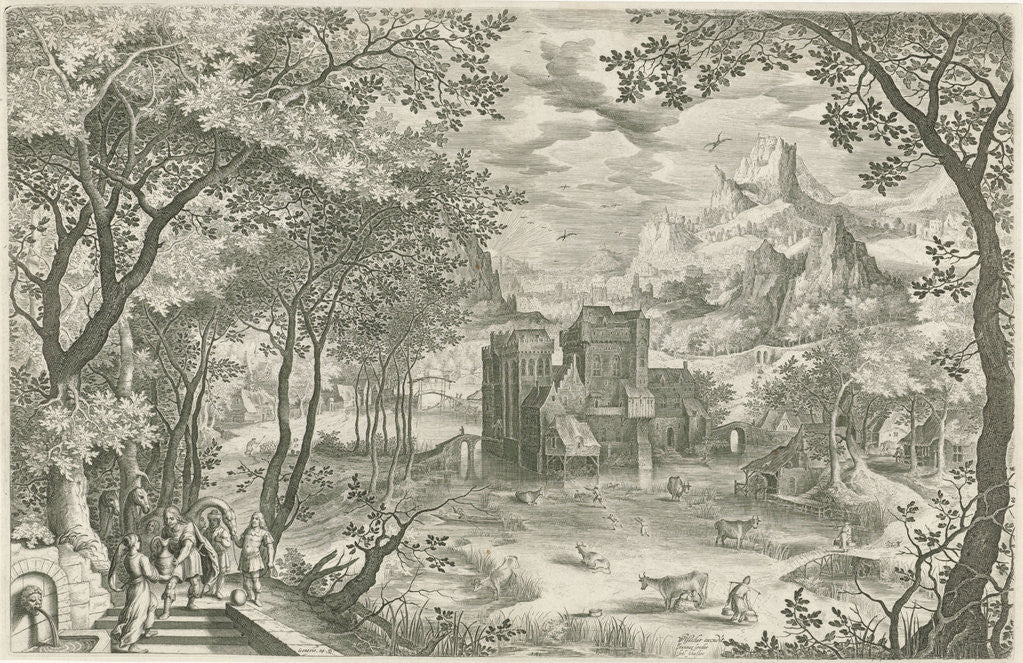 Detail of Rebecca and Eliezer at the well by Claes Jansz. Visscher II