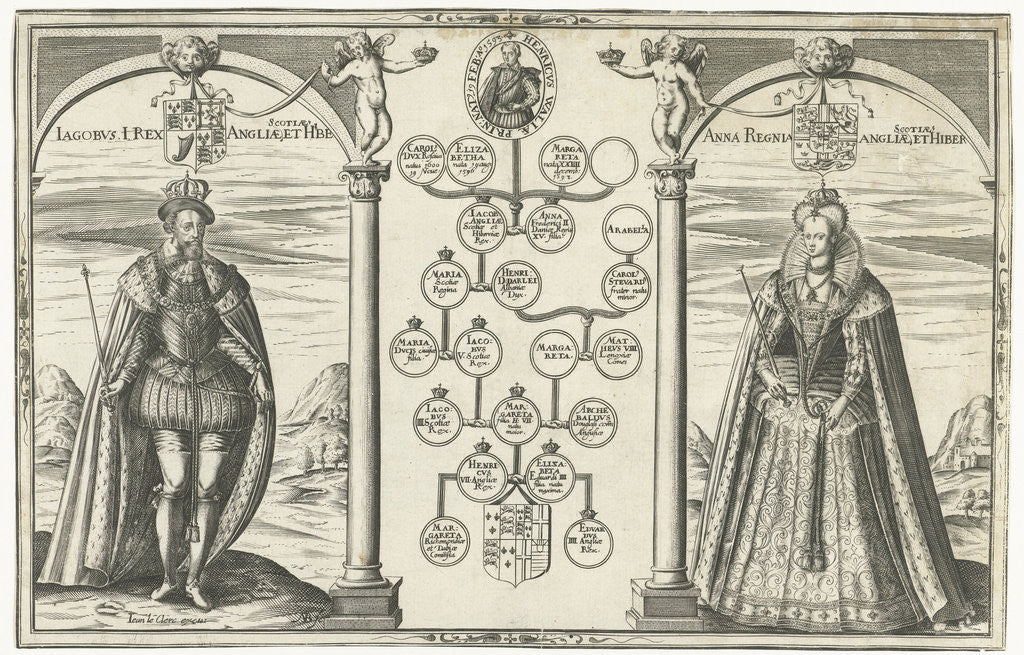 Detail of Portraits of James I, King of England and his wife Anne of Denmark standing on either side of genealogical tree by Jean le Clerc