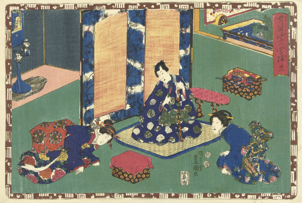 Detail of Prince Genji sitting on a rug in a room by Watanabe Shoemon