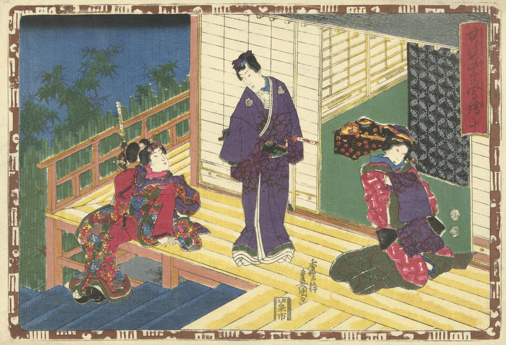 Detail of Prince Genji on a veranda with two women by Murata Heiemon