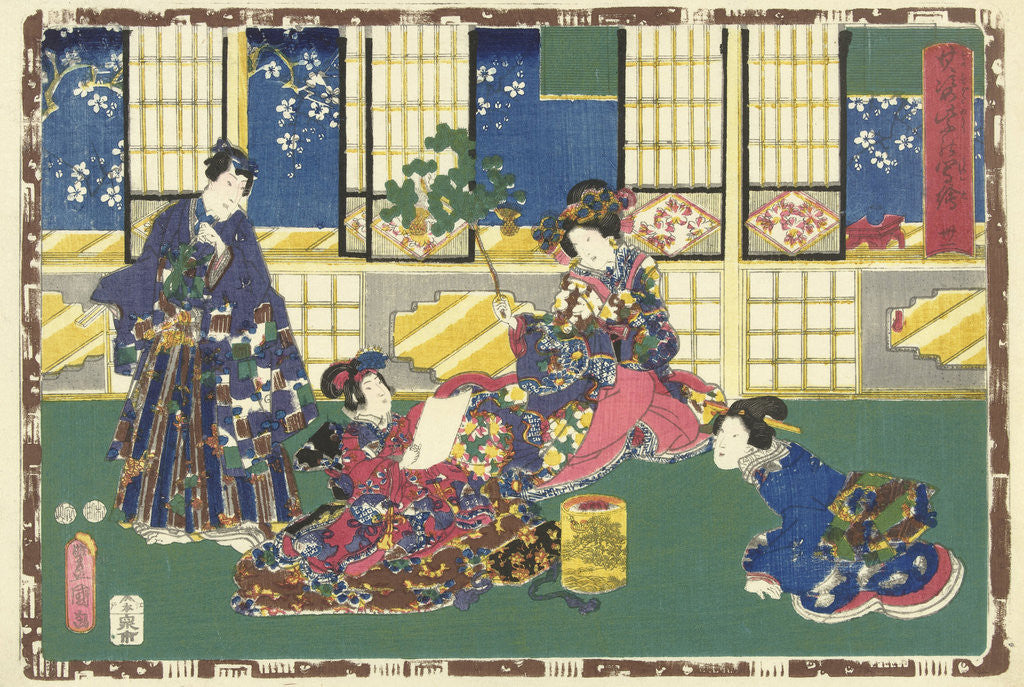 Detail of Prince Genji, an elegantly dressed woman and a maid by Murata Heiemon