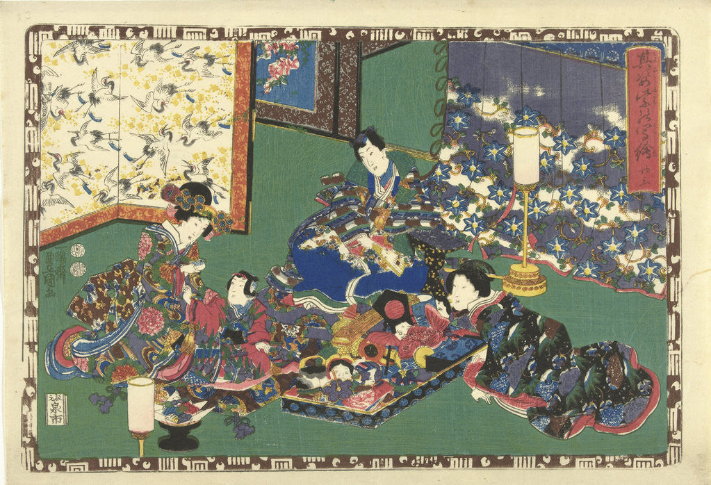 Detail of Prince Genji, two women and a girl sitting around large container with toys; in room with folding screen which cranes by Watanabe Shoemon