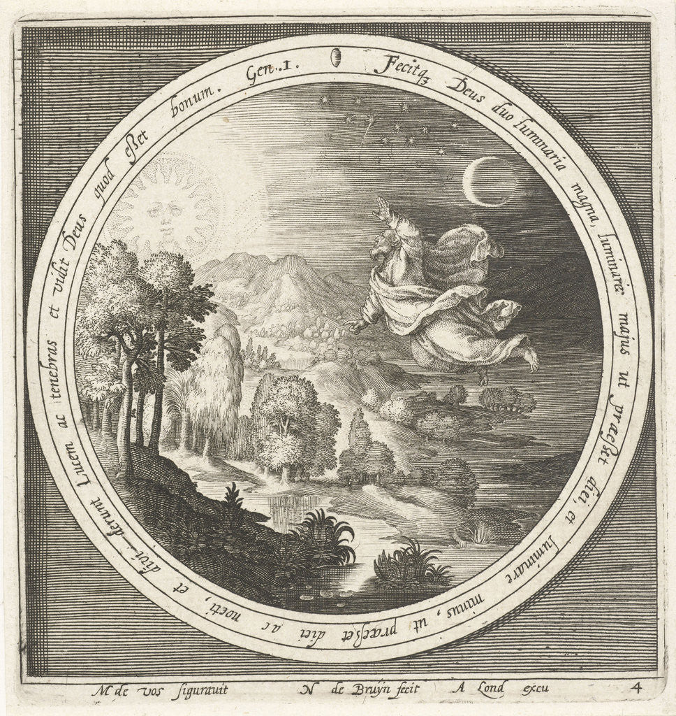 Detail of Fourth day of creation, God creates the sun, moon and stars by Assuerus van Londerseel