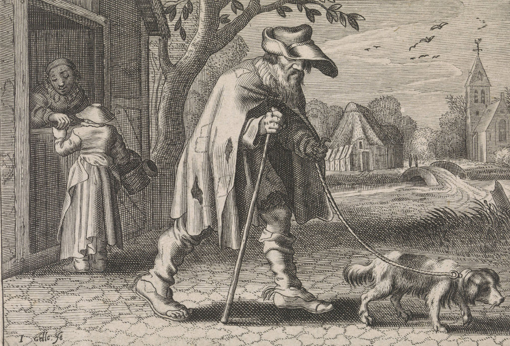 Detail of Blind man led by a dog, woman before the door of her house, she buys something from a market stall by Johann Gelle