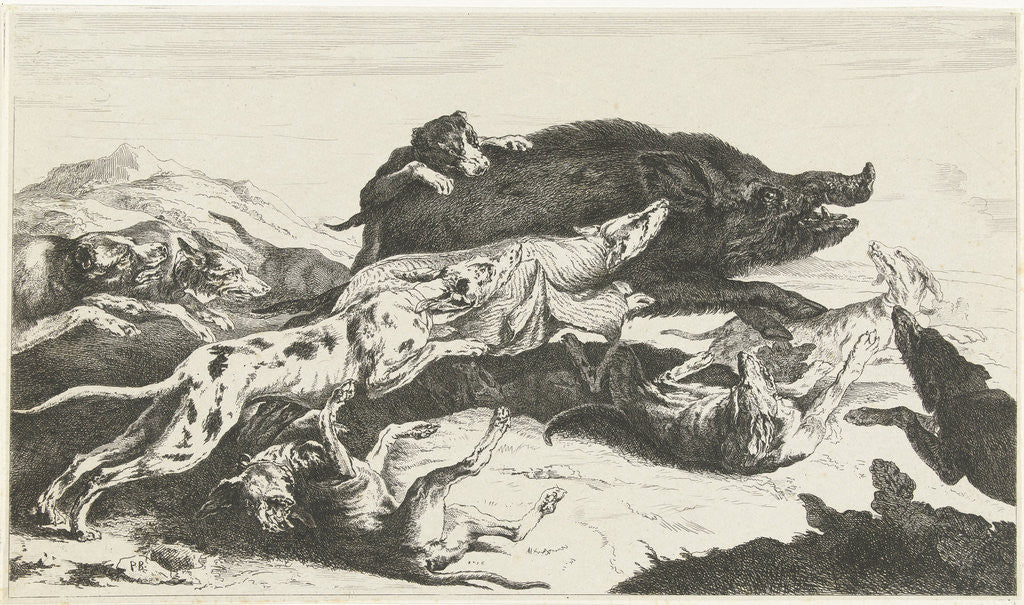 Detail of Dogs hunt a boar by Peeter Boel