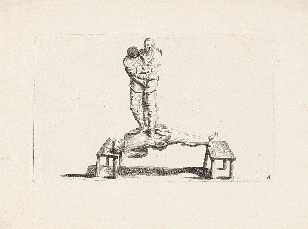 Detail of Three clowns do a circus by Pieter Schenk II