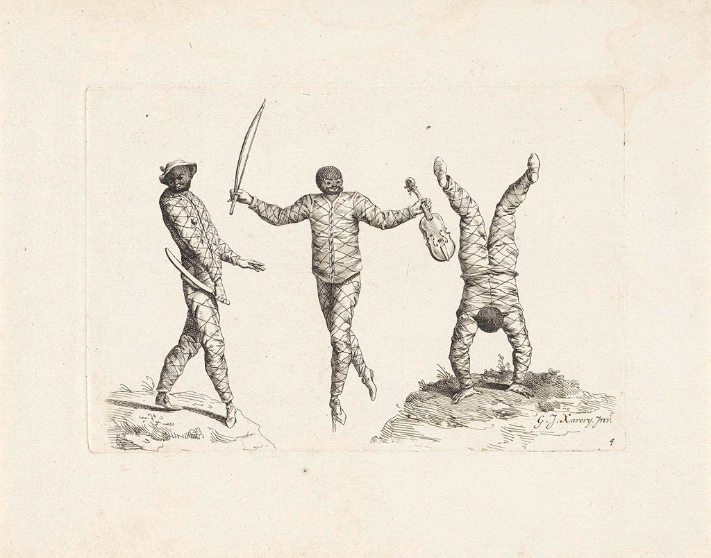 Detail of Three harlequins by Pieter Schenk II