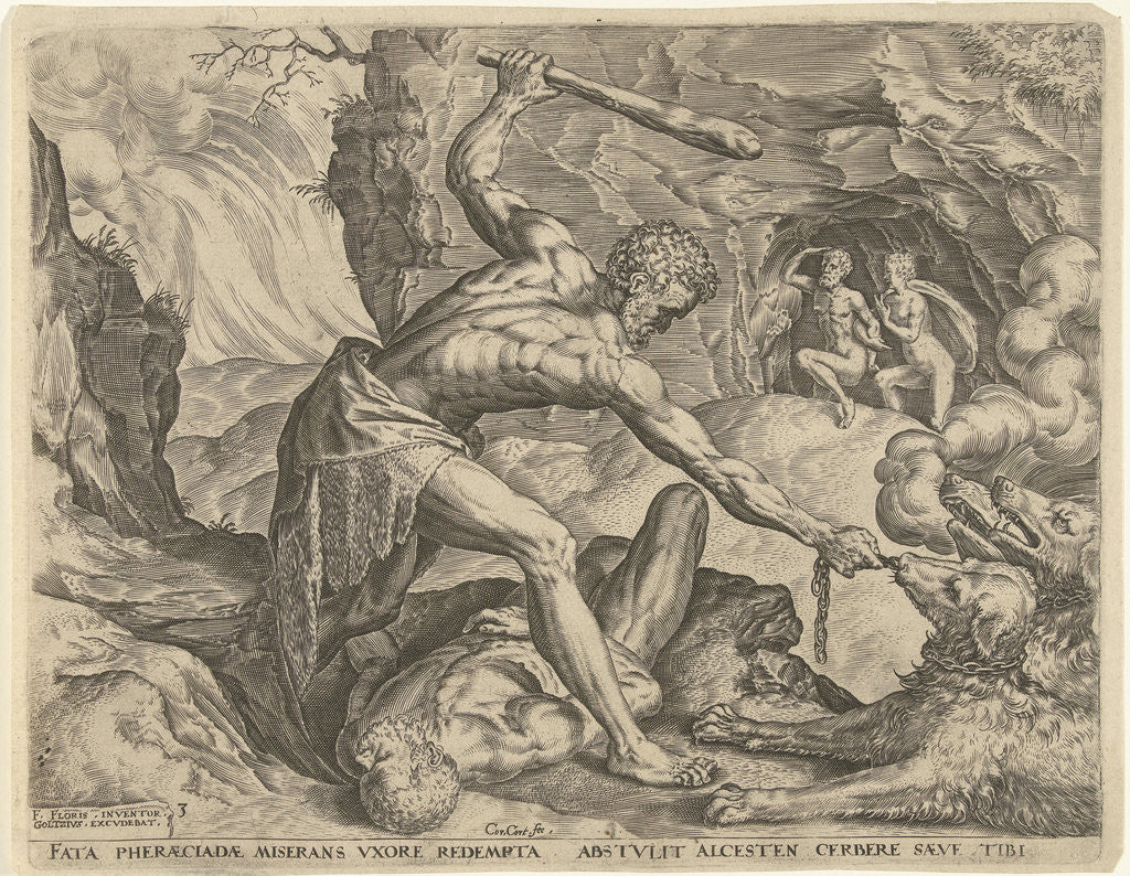 Detail of Hercules drags Cerberus from Hell by Julius Goltzius Cornelis Cort