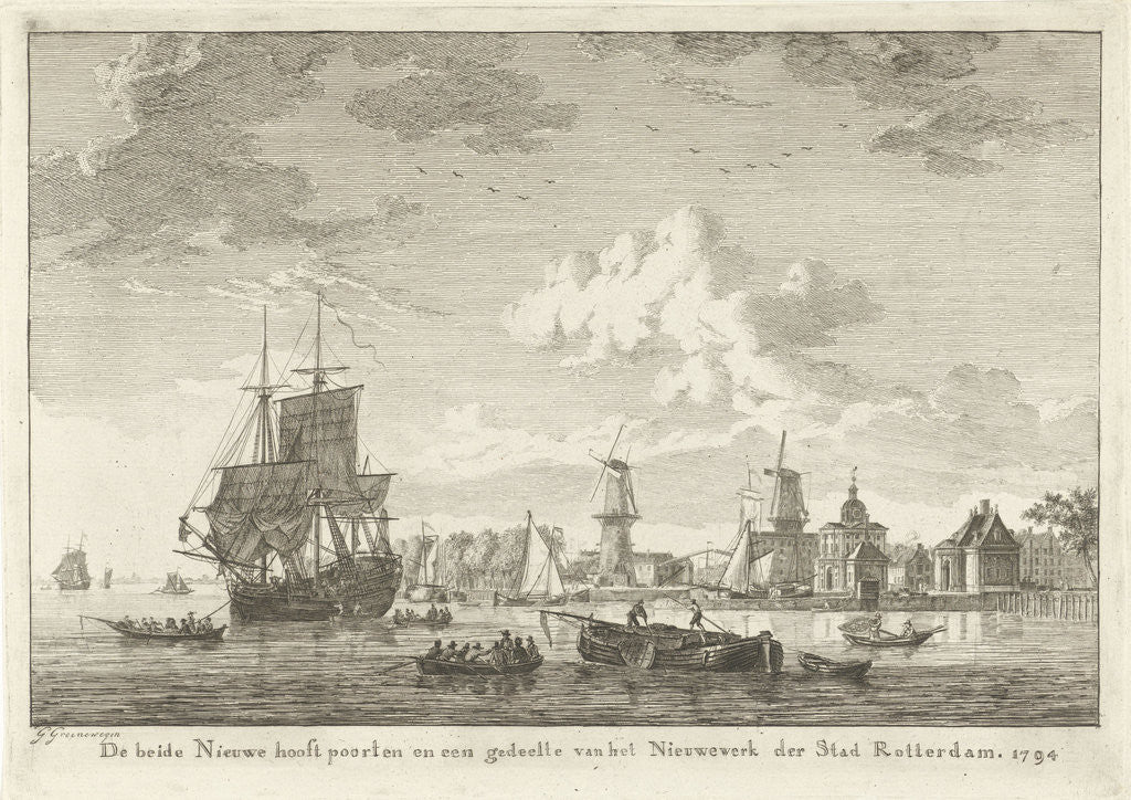 Detail of View of Rotterdam from the water, to the right is the new main gate flanked by two stone mills, a three-master by Gerrit Groenewegen