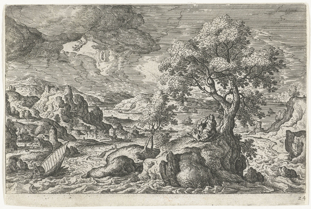 Detail of A hermit who in the company of a bird lives on a small island, has a vision by Hans Bol