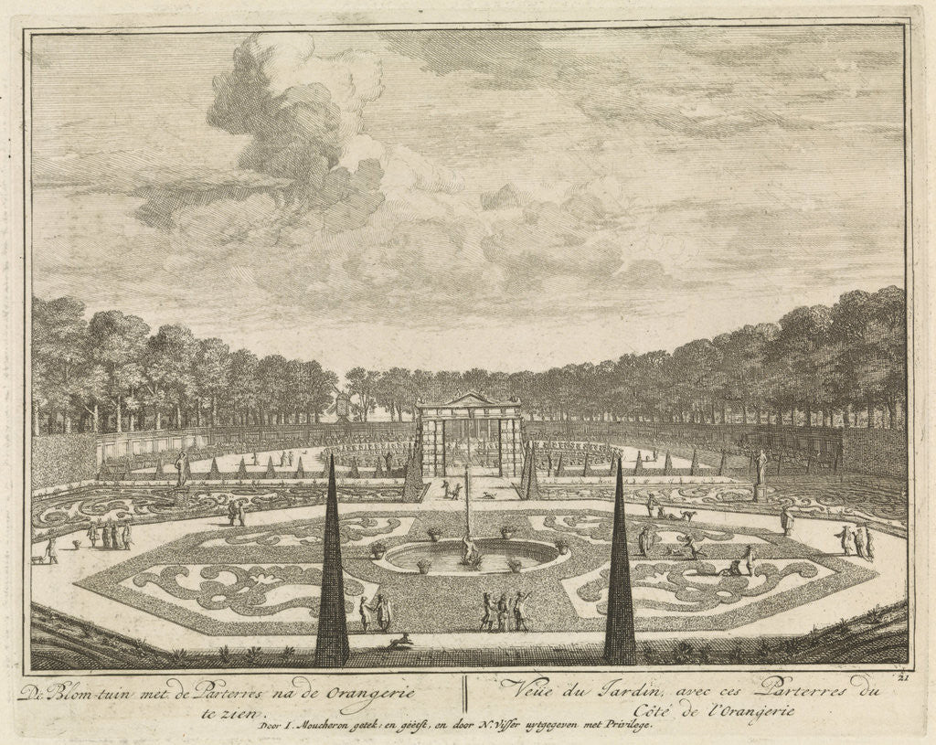 Detail of Formal gardens at Castle Heemstede, Large pond at Castle Heemstede, Cave seen from the gallery, Grotto in the garden of Castle Heemstede by Isaac de Moucheron
