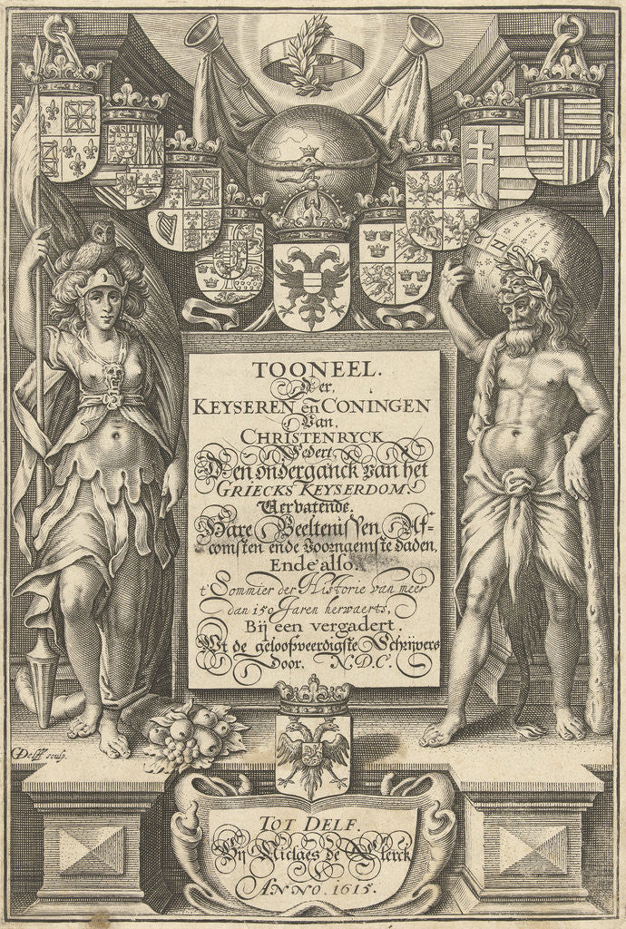 Detail of Cartouche with title, flanked by Hercules with celestial globe and Minerva by Willem Jacobsz. Delff