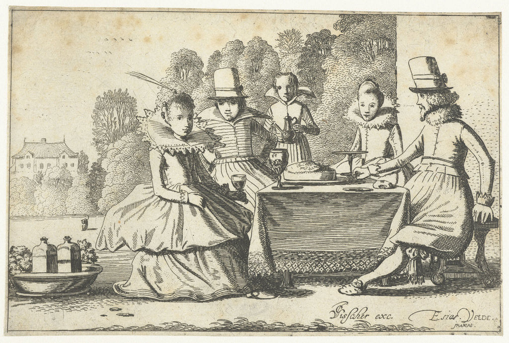 Detail of People enjoying a meal at a table in a garden by Claes Jansz. Visscher II