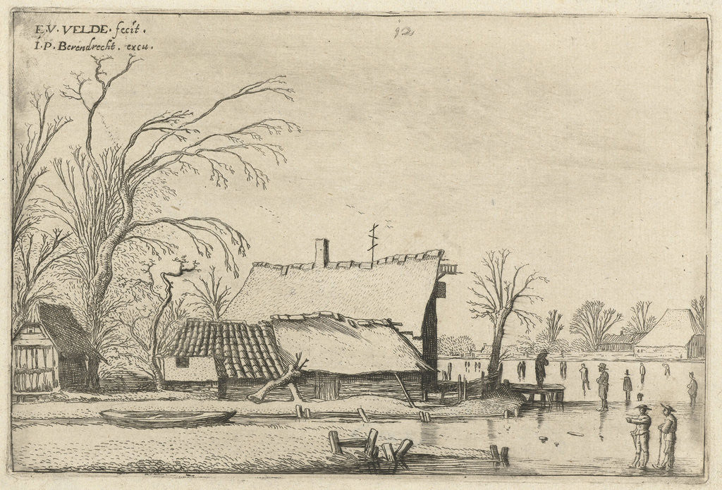 Detail of Farm in a frozen river with skaters by Esaias van de Velde