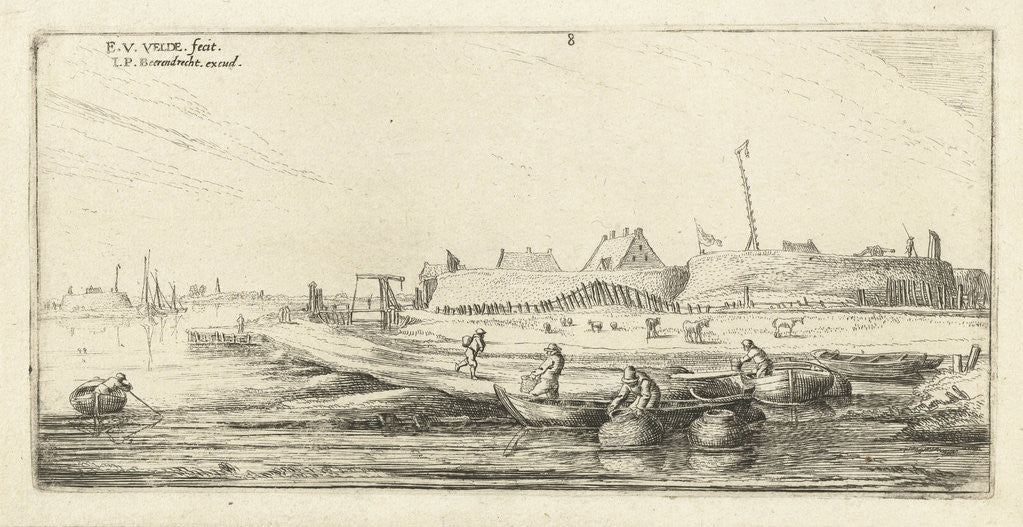 Detail of Rowing boats with fishermen before a fort on the Scheldt by Esaias van de Velde