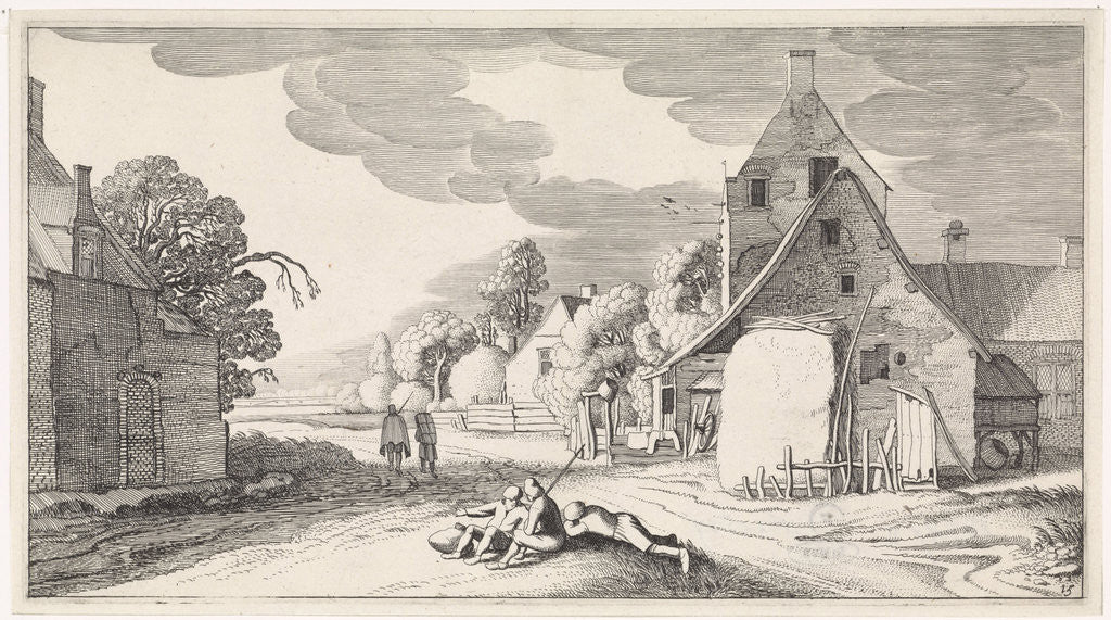 Detail of Resting farmers along a road in a village by Jan van de Velde II