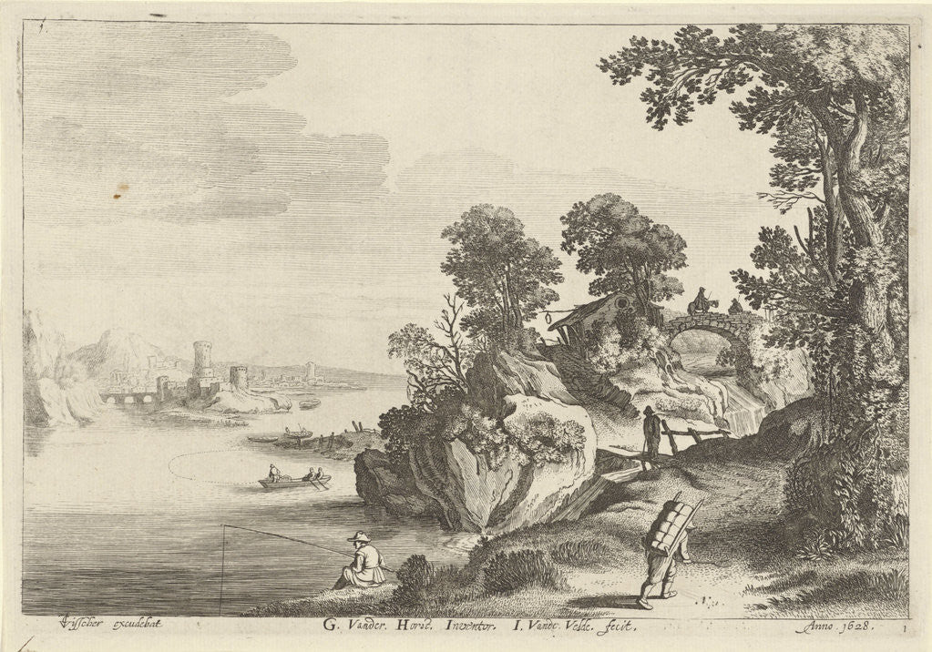 Detail of River landscape with travelers on country road by Jan van de Velde II