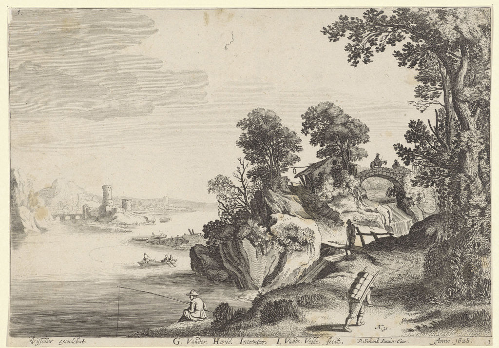 Detail of River landscape with travelers on country road by Pieter Schenk II