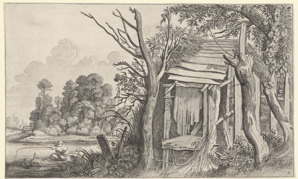 Detail of Angler in a dilapidated hut in a landscape by Willem Pietersz. Buytewech