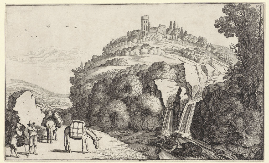 Detail of Travelers at a waterfall in a mountain landscape by Jan van de Velde II