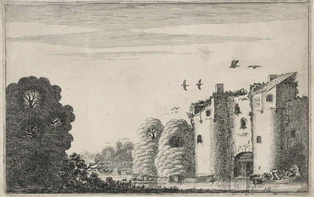 Detail of Figures in a boat with a ruined castle on the water by Jan van de Velde II