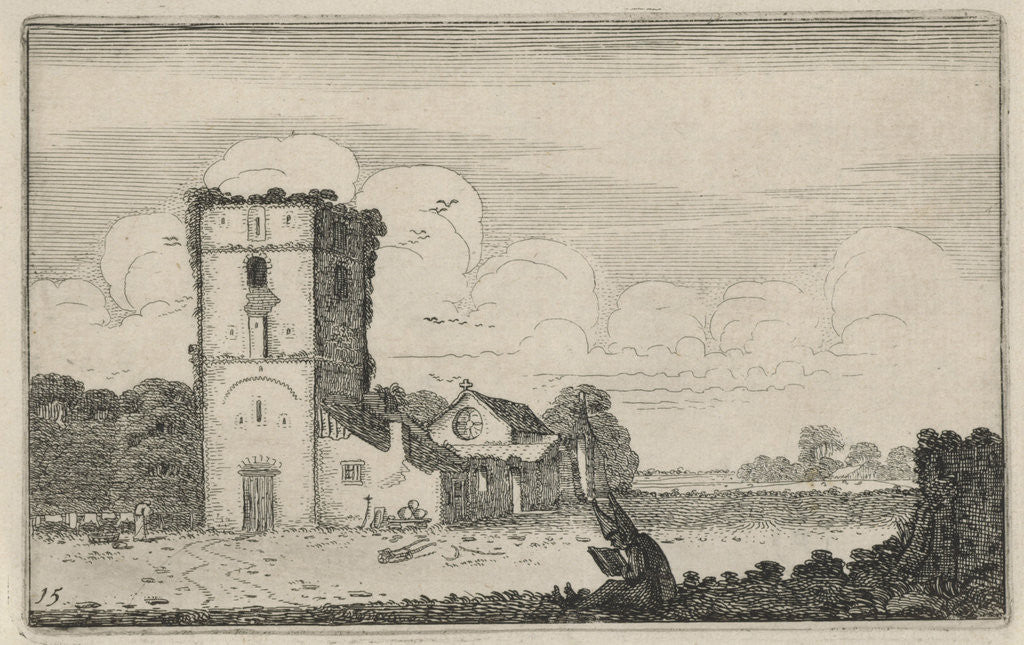 Detail of Reading monks at a derelict church by Jan van de Velde II