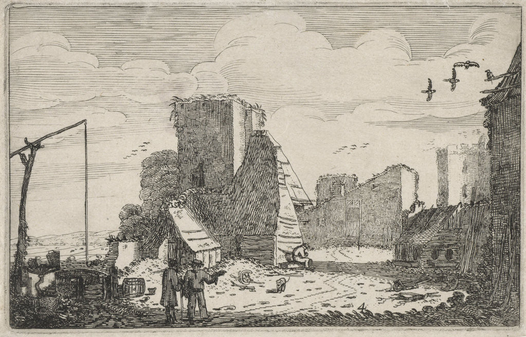 Detail of Figures near a well and a ruined farmhouse by Jan van de Velde II