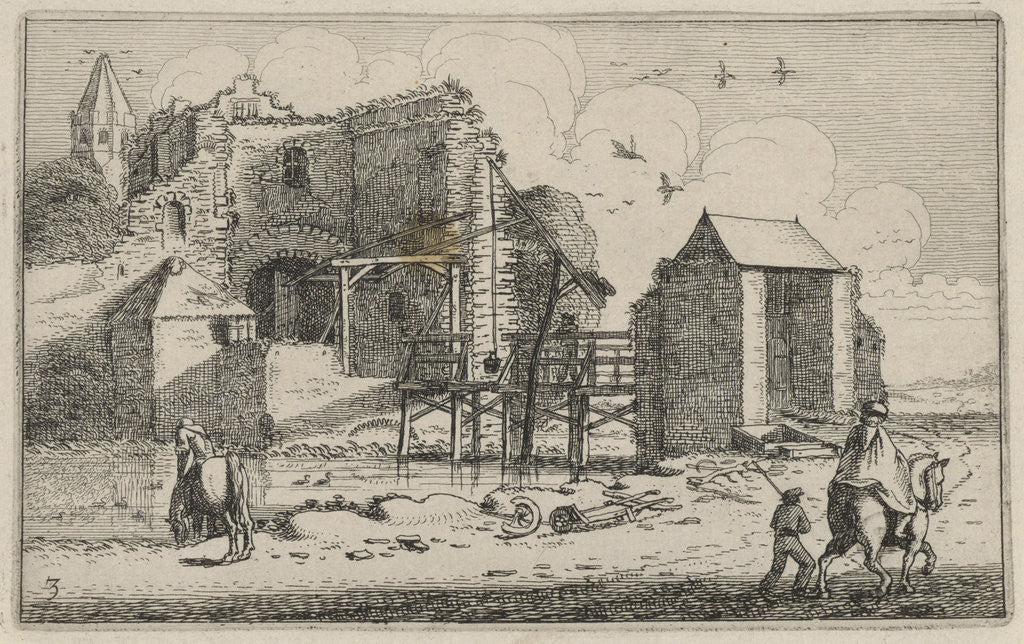 Detail of Horsemans at a ruined castle with bridge by Jan van de Velde II