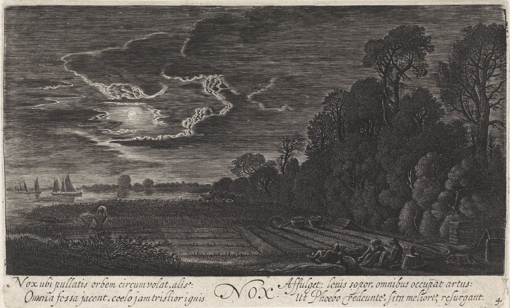 Detail of Landscape with resting bird catchers: night by Jan van de Velde II