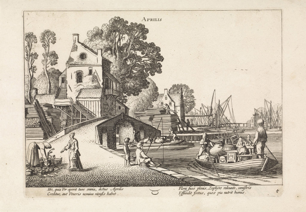 Detail of Village view with activity on the water: April by Jan van de Velde II