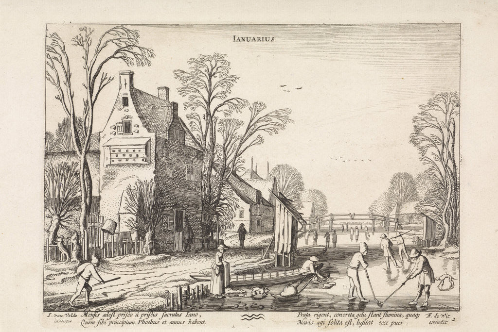 Detail of Winter landscape with flask players on the ice: january by Jan van de Velde II