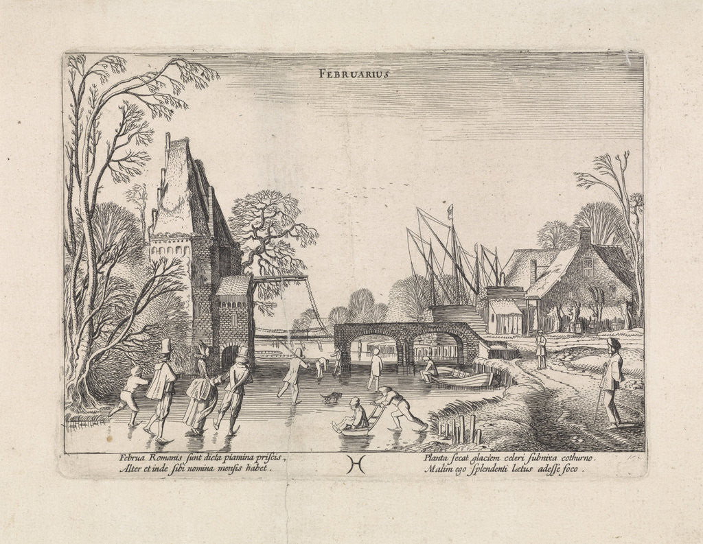 Detail of Winter Landscape with Skaters on the ice, depicting the month of February by Jan van de Velde II