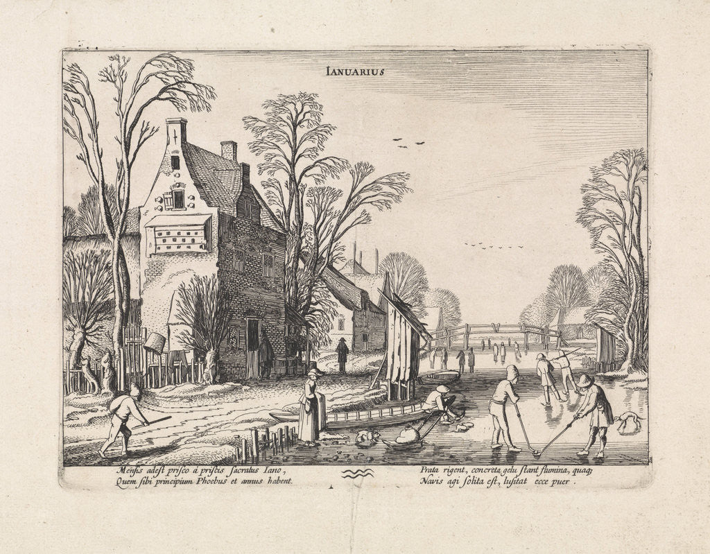 Detail of Winter landscape with flask players on the ice: January by Jan van de Velde II