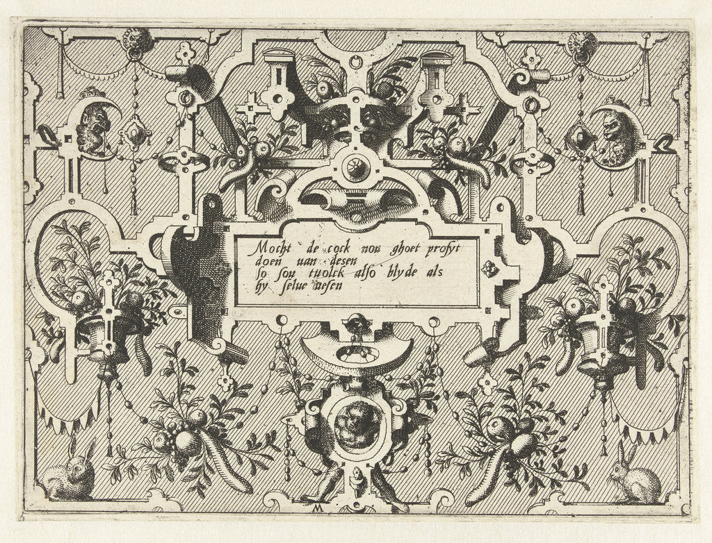 Detail of Cartouche with grotesques, bottom center is a child by Hieronymus Cock
