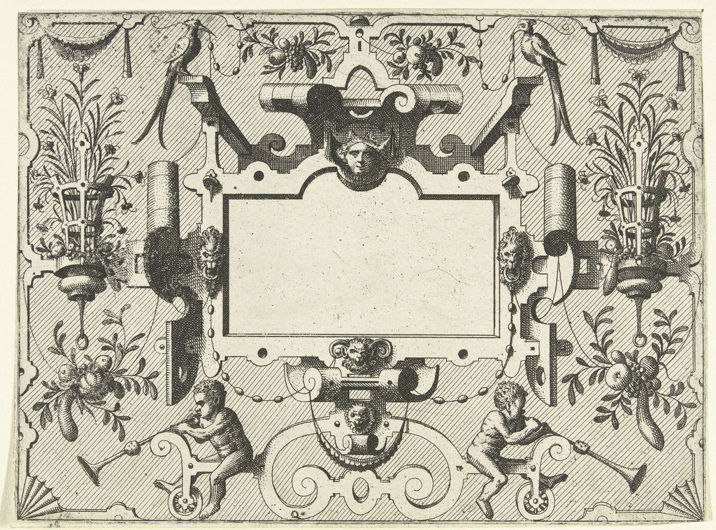 Detail of Cartouche surrounded by grotesques, with left and right a basket with flowers by Hieronymus Cock