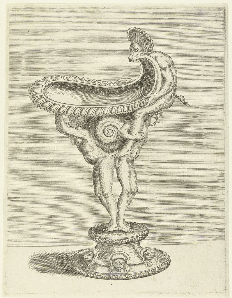 Detail of The bowl rests on a cochlea that is sandwiched between the backs of a man and a woman by Balthazar van den Bos