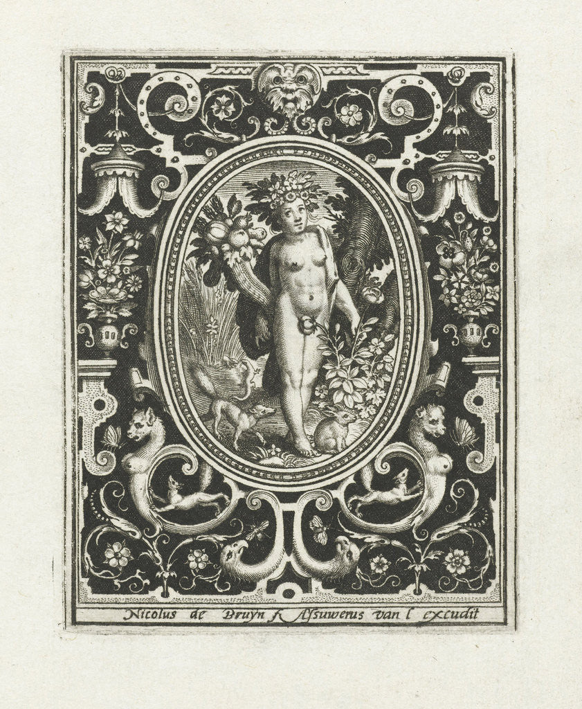 Detail of Element earth as a young woman with cornucopia and rosebush in picture frame with ornaments by Assuerus van Londerseel